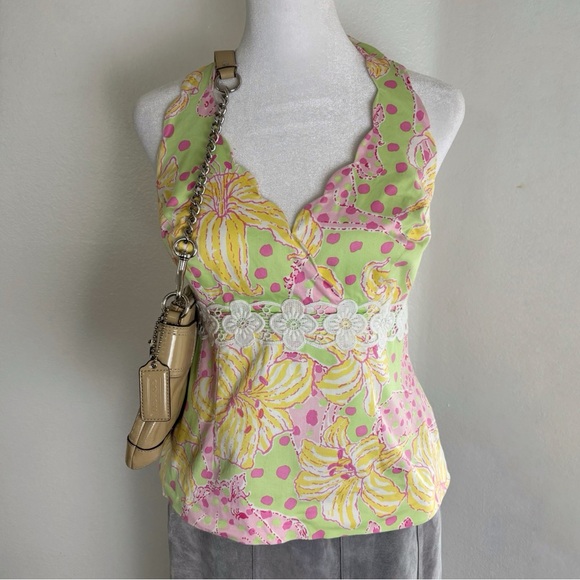 Lilly Pulitzer Tops - Lilly Pulitzer Green Pink Floral Halter Top w/ Lace Waist Detail Size 8